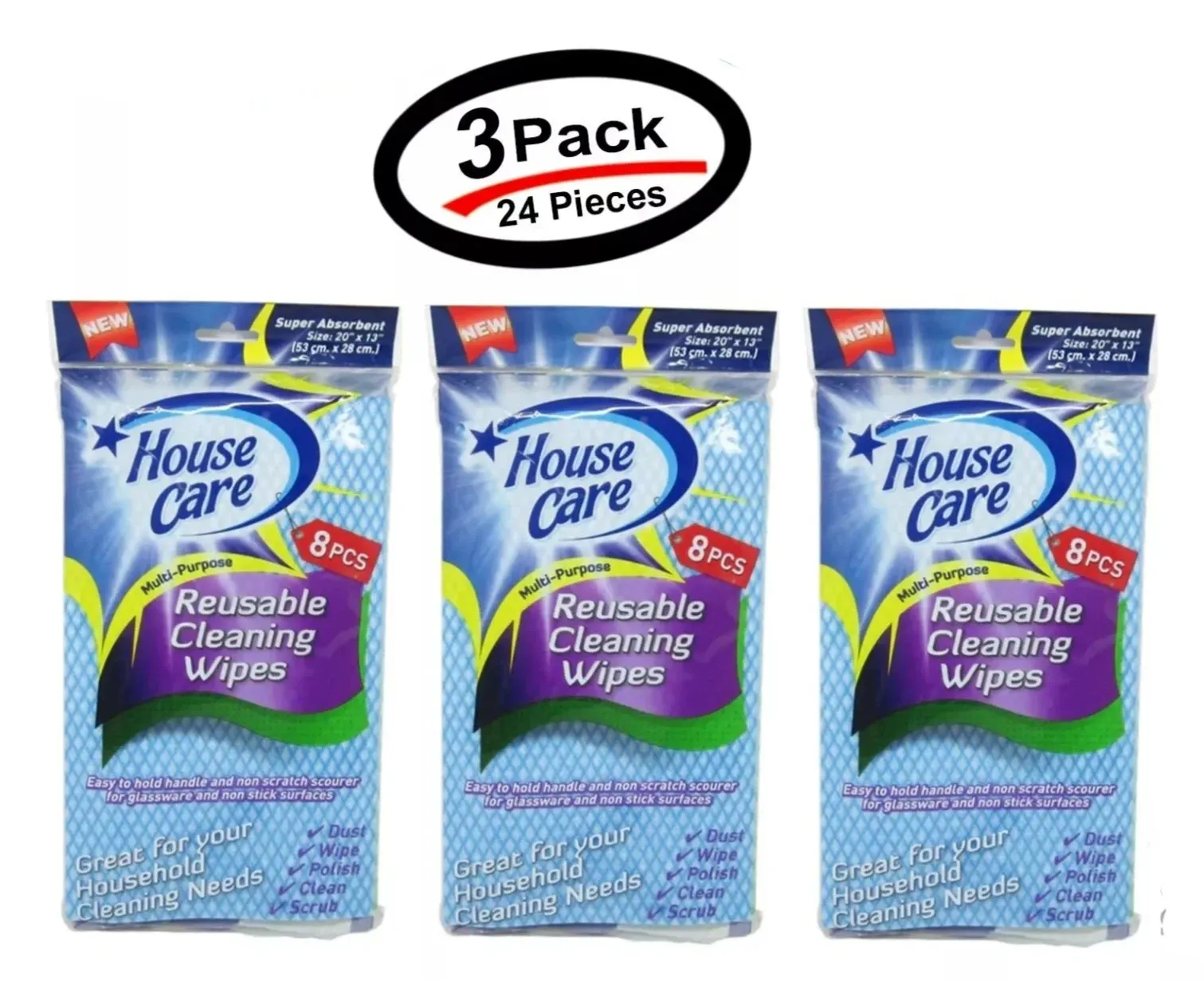 24 Pcs House Care Handy Wipes Multi Purpose Reusable Cleaning Cloth (3 Pack)