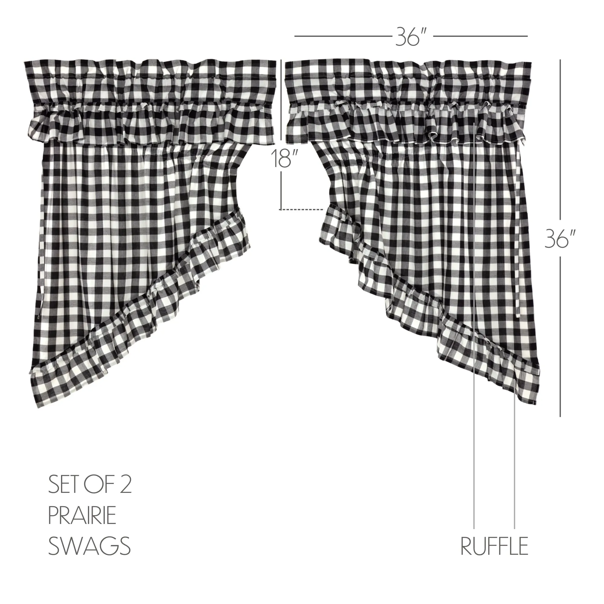 Annie Buffalo Black Check Ruffled Prairie Swag Set of 2 36x36x18