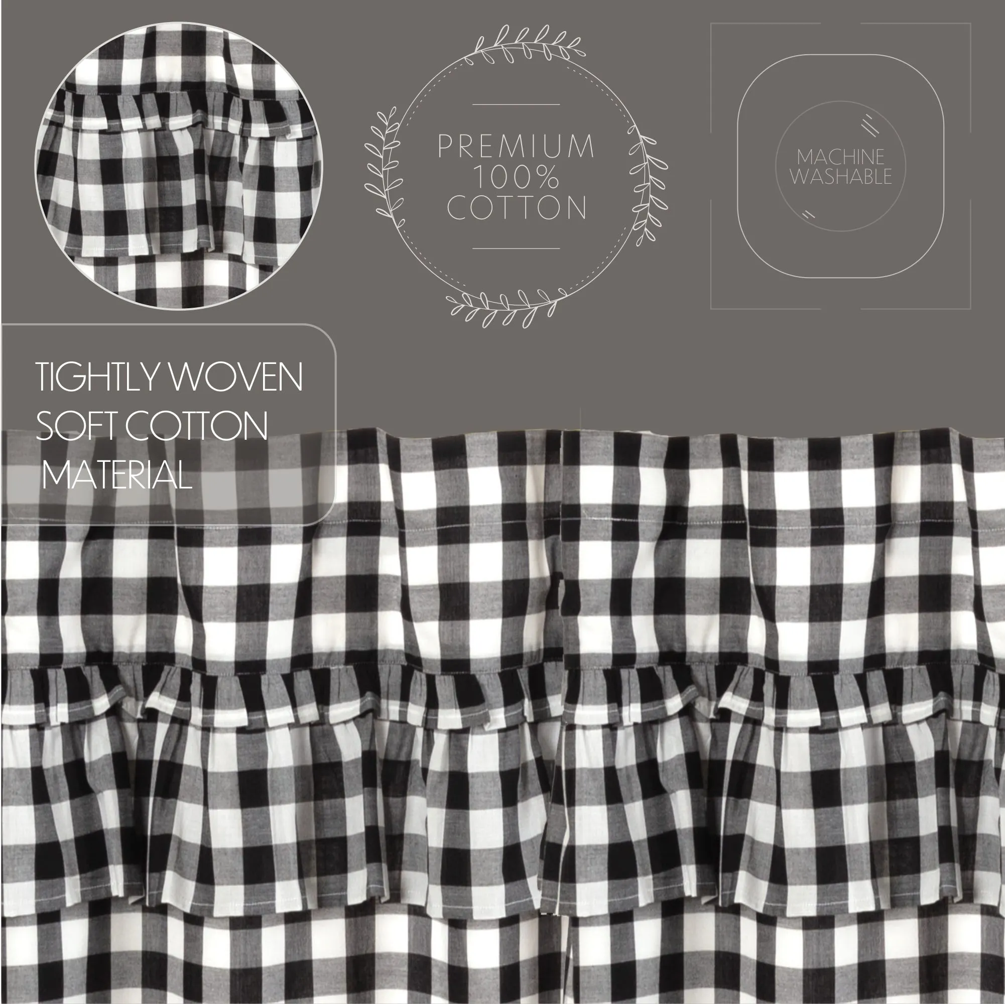 Annie Buffalo Black Check Ruffled Prairie Swag Set of 2 36x36x18