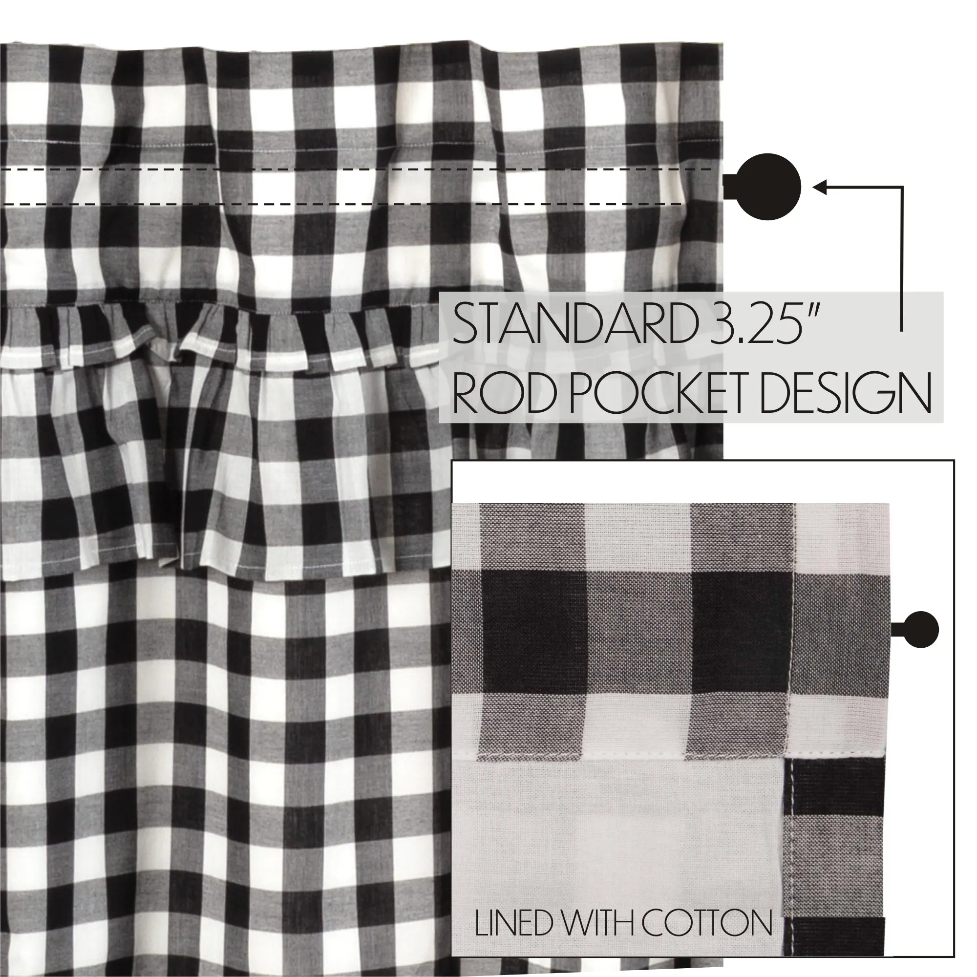 Annie Buffalo Black Check Ruffled Prairie Swag Set of 2 36x36x18