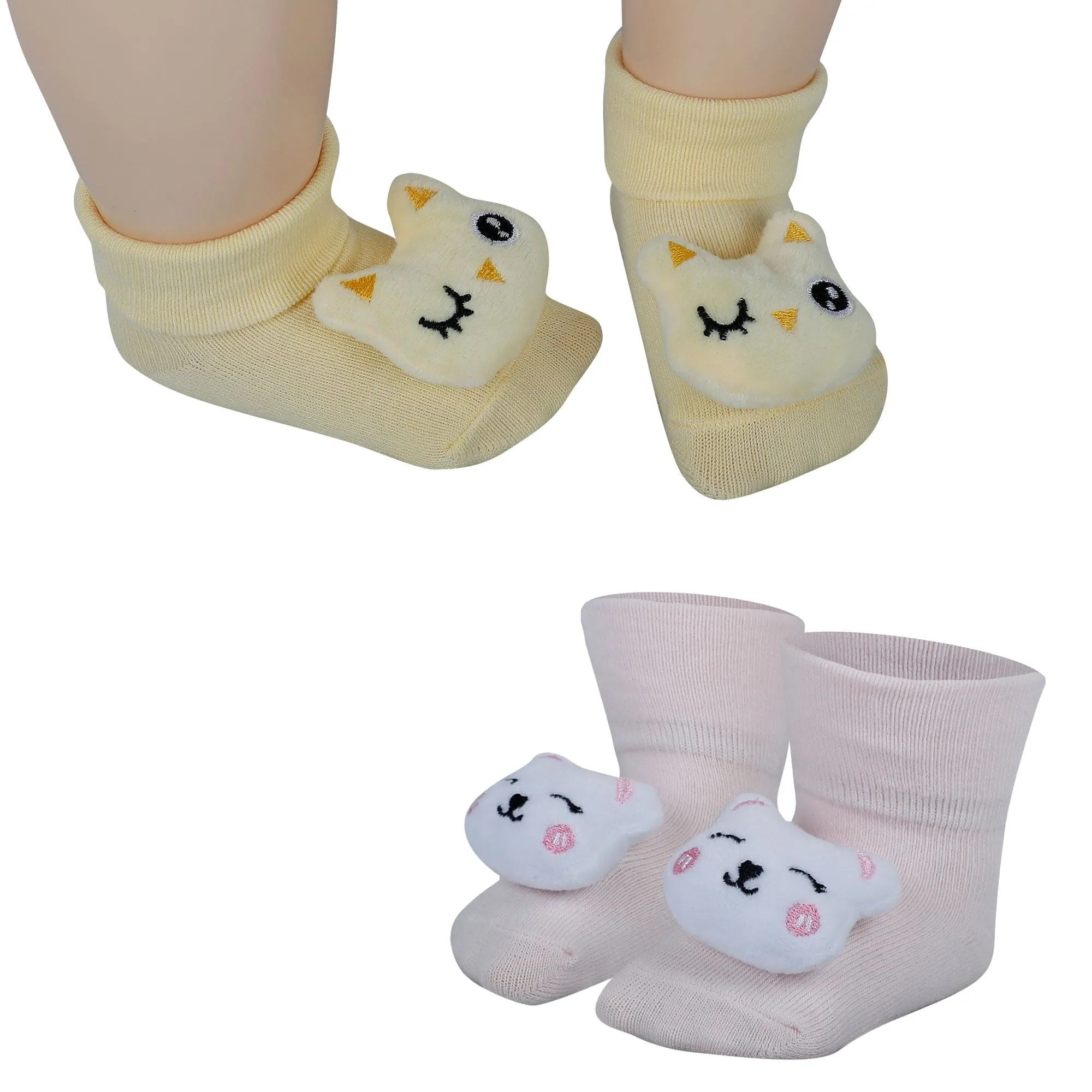 Baby Moo Bird And Puppy 3D Rattle Anti-Skid Socks Booties Pack of 2 - Yellow, Pink