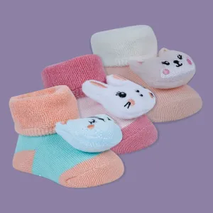 Baby Moo Bunny 3D Rattle Anti-Skid Socks Booties Pack of 3 - Peach