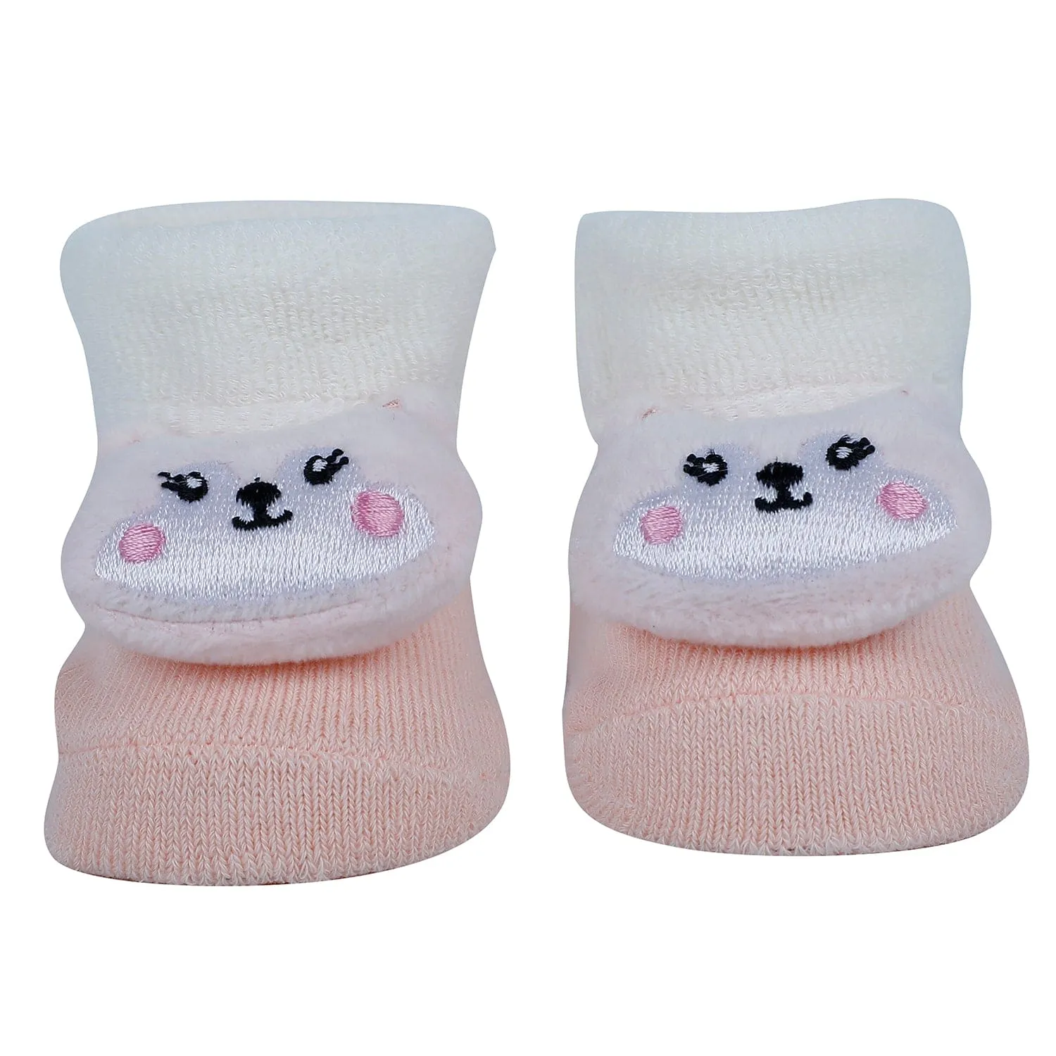 Baby Moo Bunny 3D Rattle Anti-Skid Socks Booties Pack of 3 - Peach