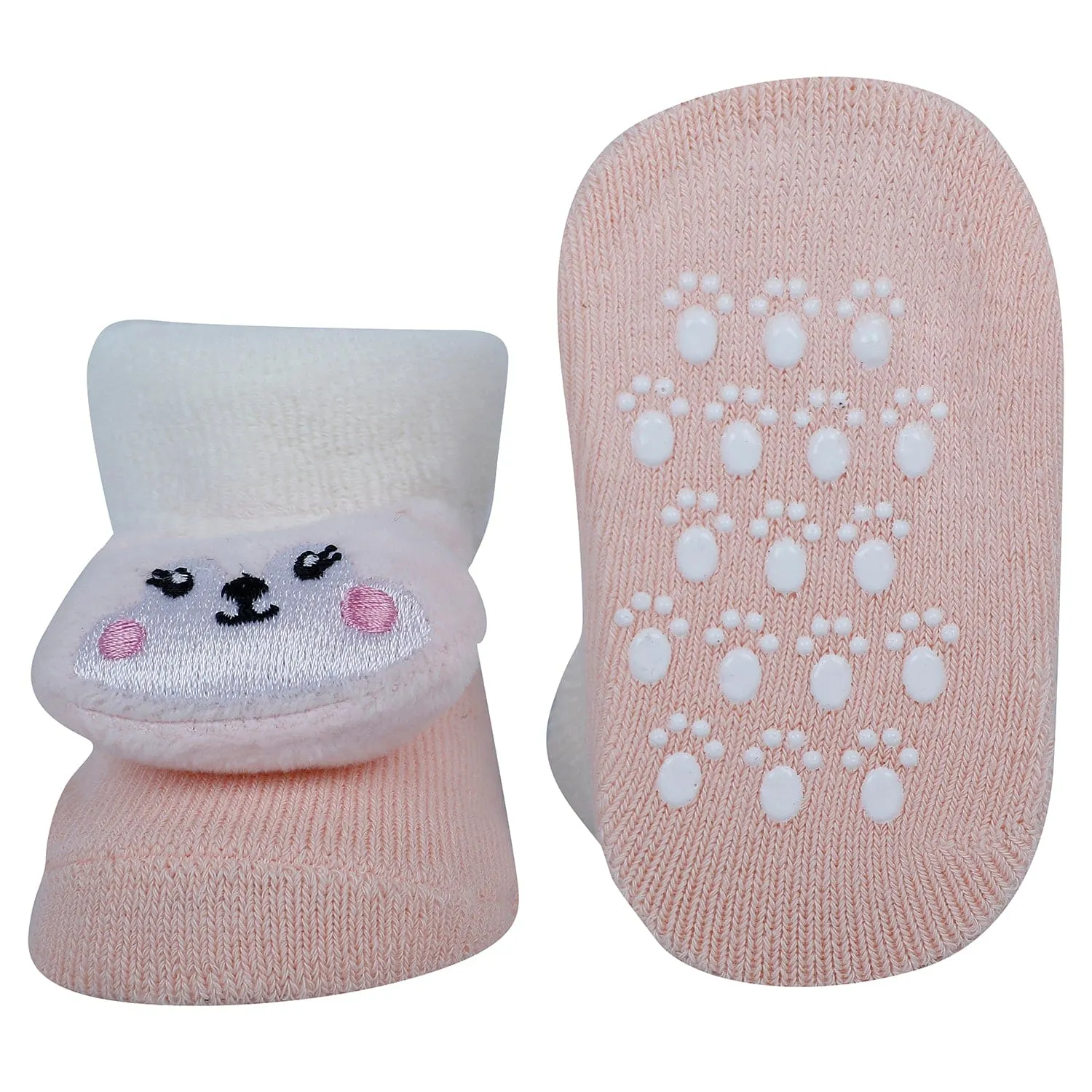 Baby Moo Bunny 3D Rattle Anti-Skid Socks Booties Pack of 3 - Peach