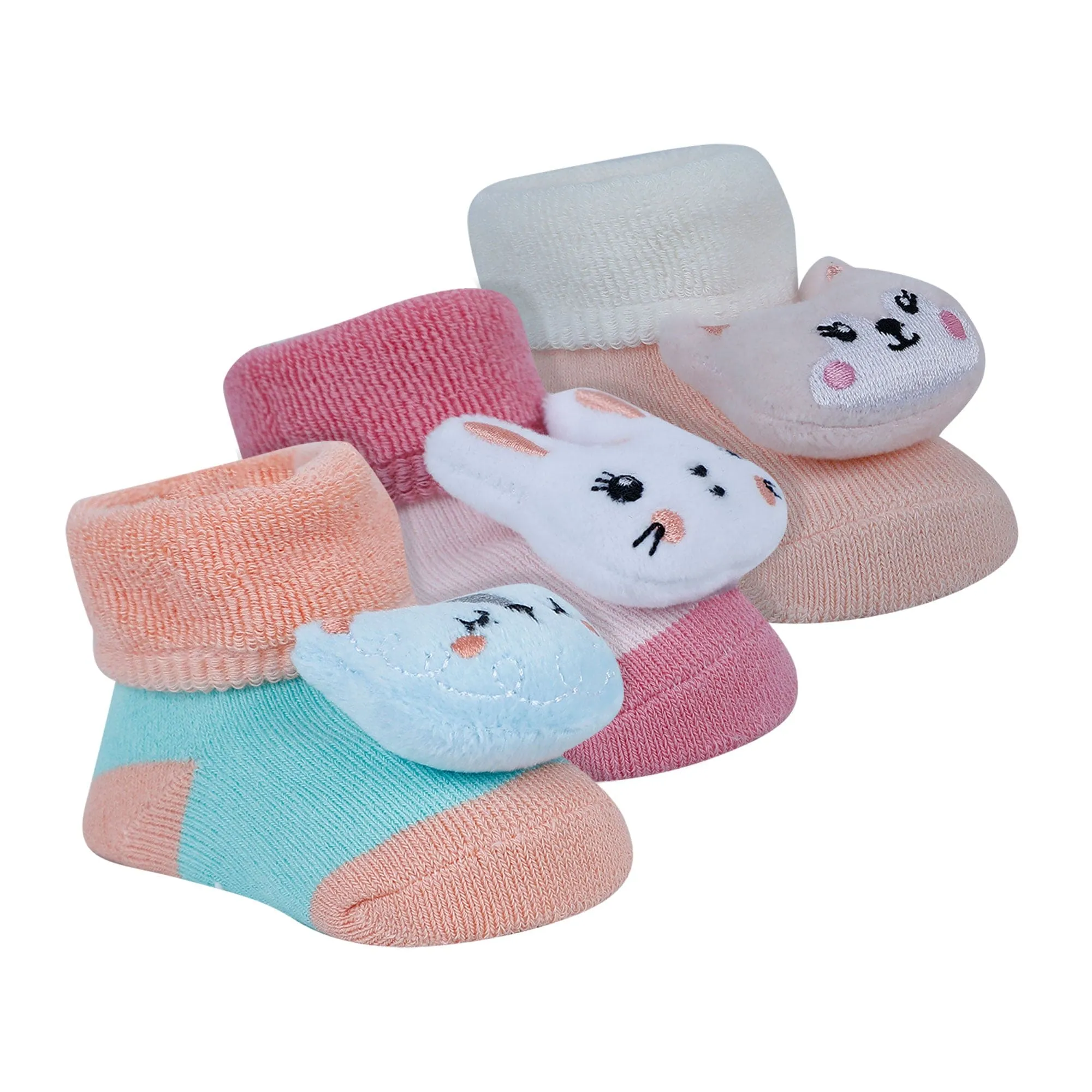 Baby Moo Bunny 3D Rattle Anti-Skid Socks Booties Pack of 3 - Peach