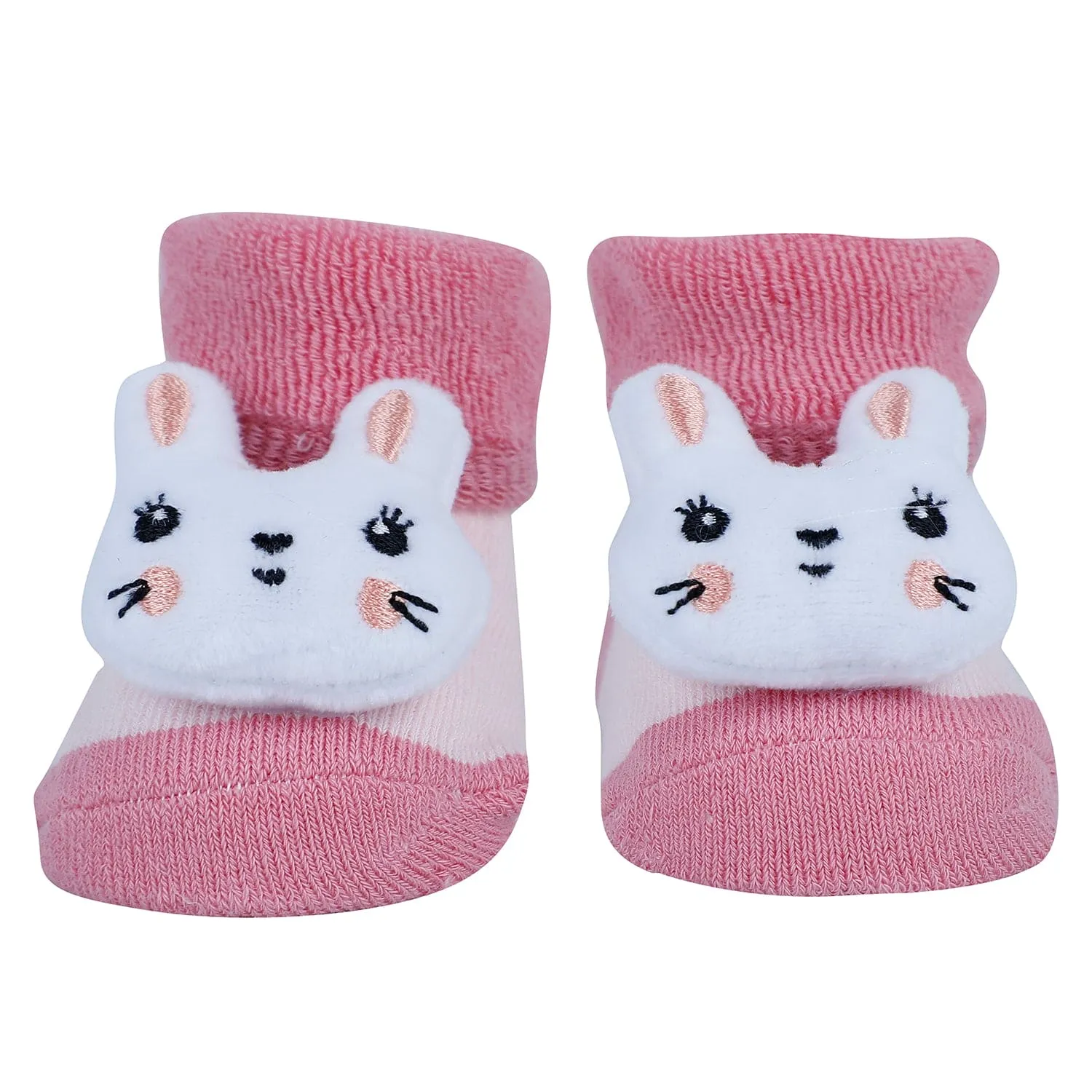 Baby Moo Bunny 3D Rattle Anti-Skid Socks Booties Pack of 3 - Peach