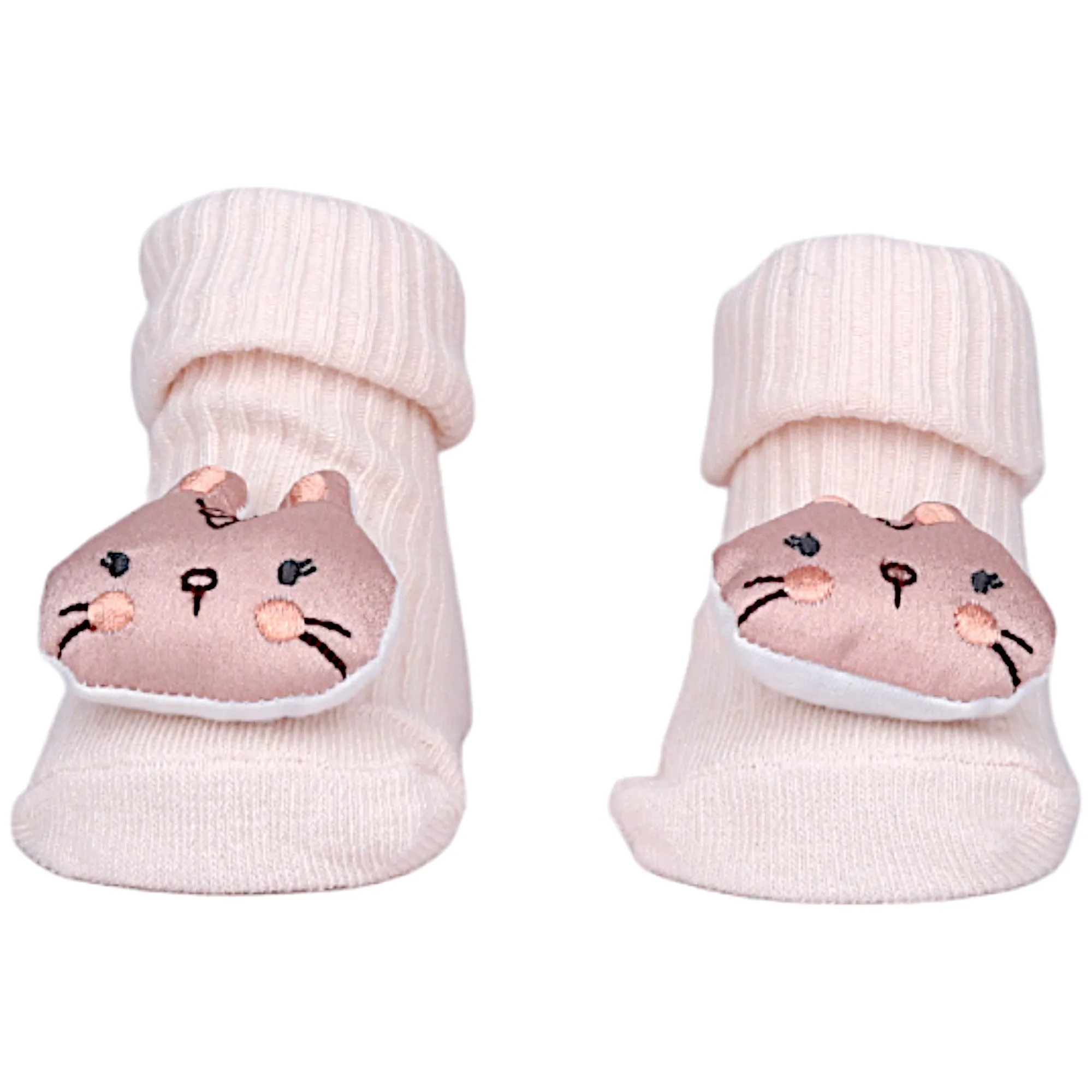 Baby Moo Bunny Fox Bear 3D Rattle Anti-Skid Socks Booties Pack of 3 - Mauve, Mustard