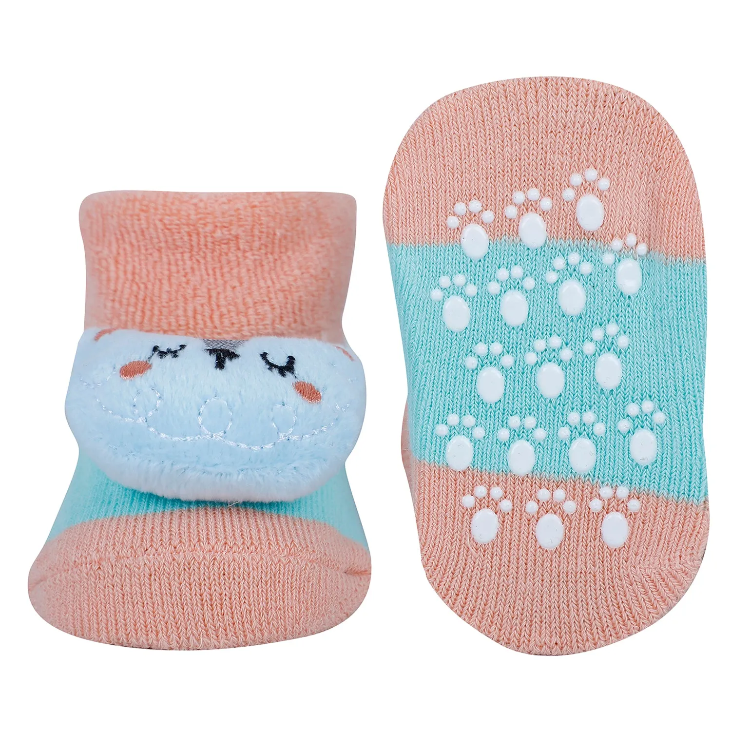 Baby Moo Kitty And Rabbit 3D Rattle Anti-Skid Socks Booties Pack of 2 - Orange, Pink