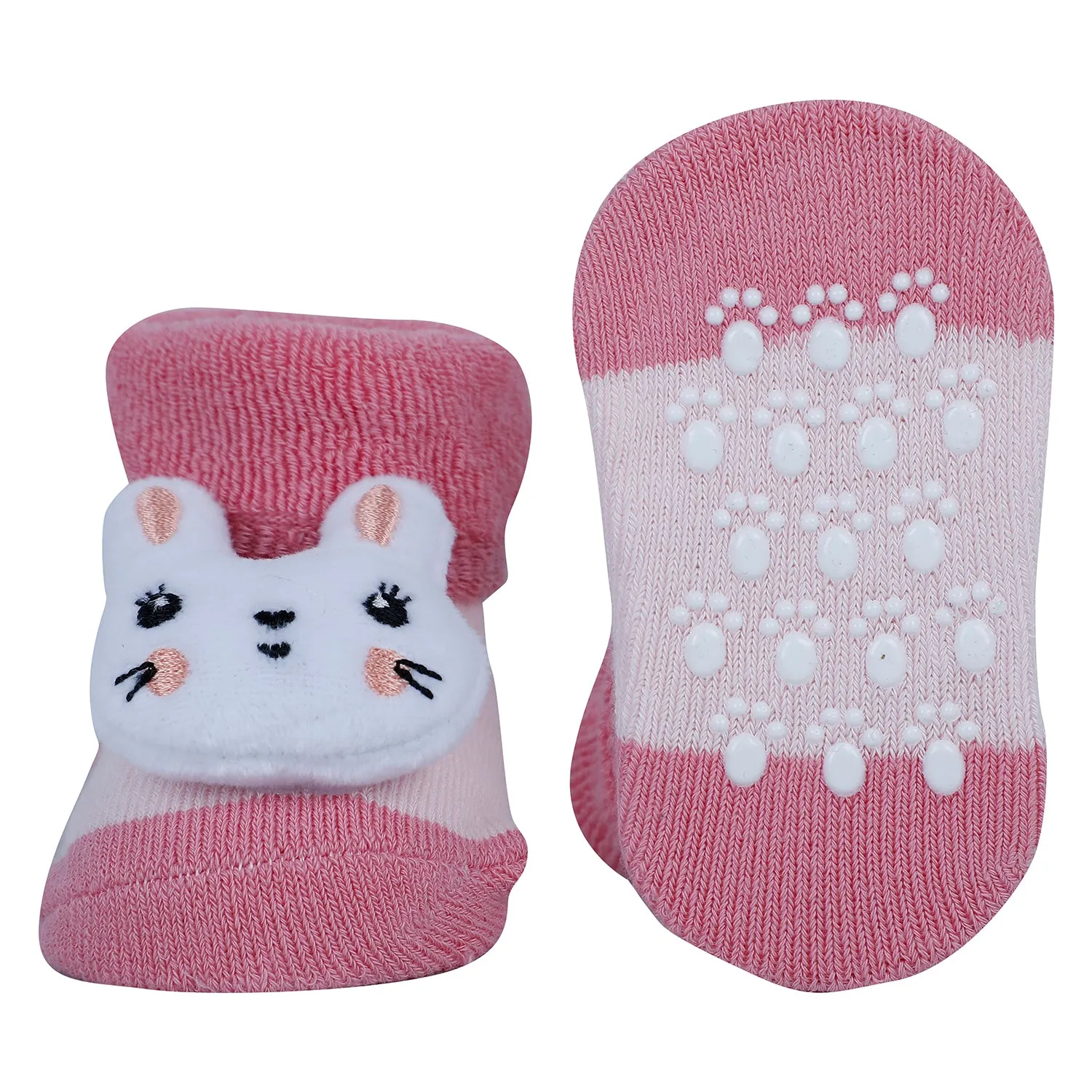 Baby Moo Kitty And Rabbit 3D Rattle Anti-Skid Socks Booties Pack of 2 - Orange, Pink