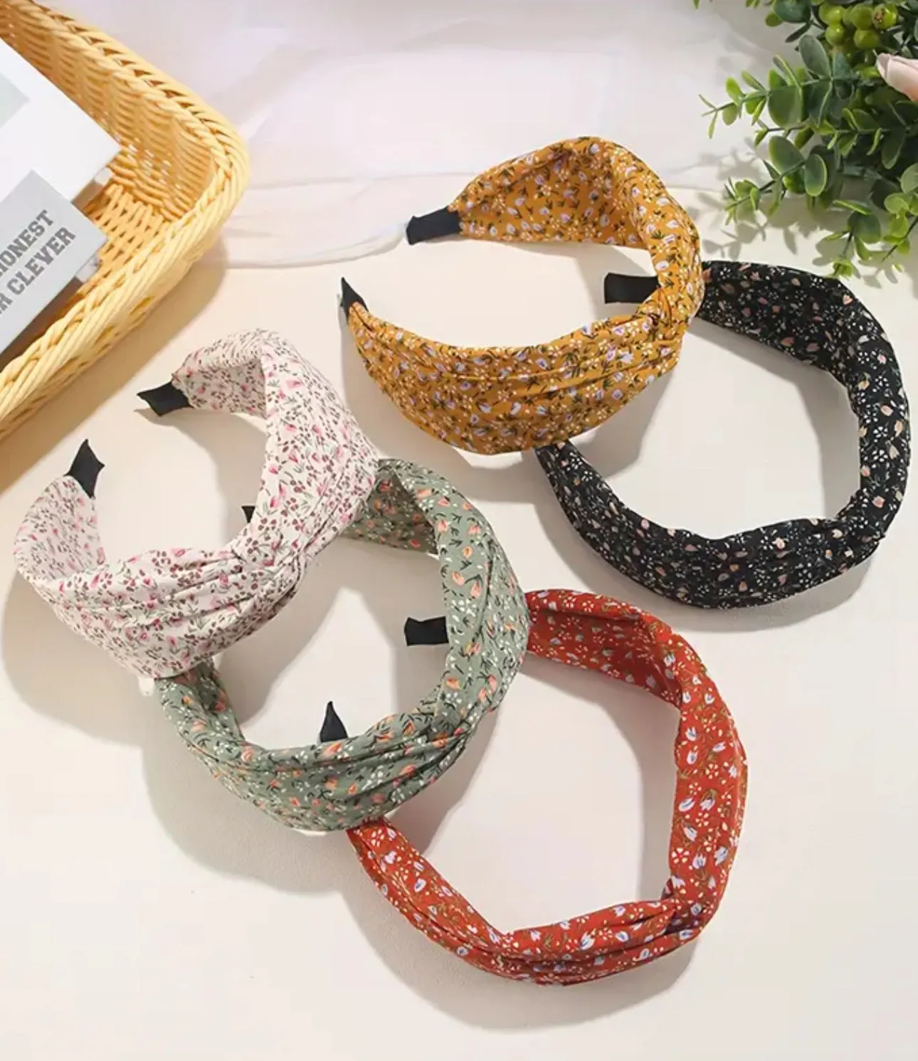 Bohemian Style Sweet Floral Print Cross Knot Wide Hairbands, Fabric Hair Hoops For Women, Boho Chic Hair Accessories 5 color options