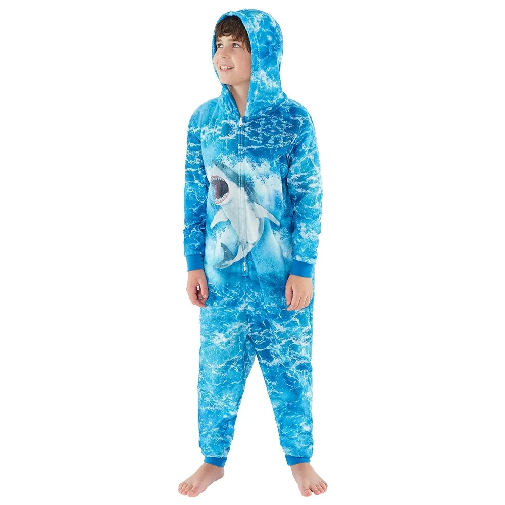 Boys Blue Digital Print Shark Onesie