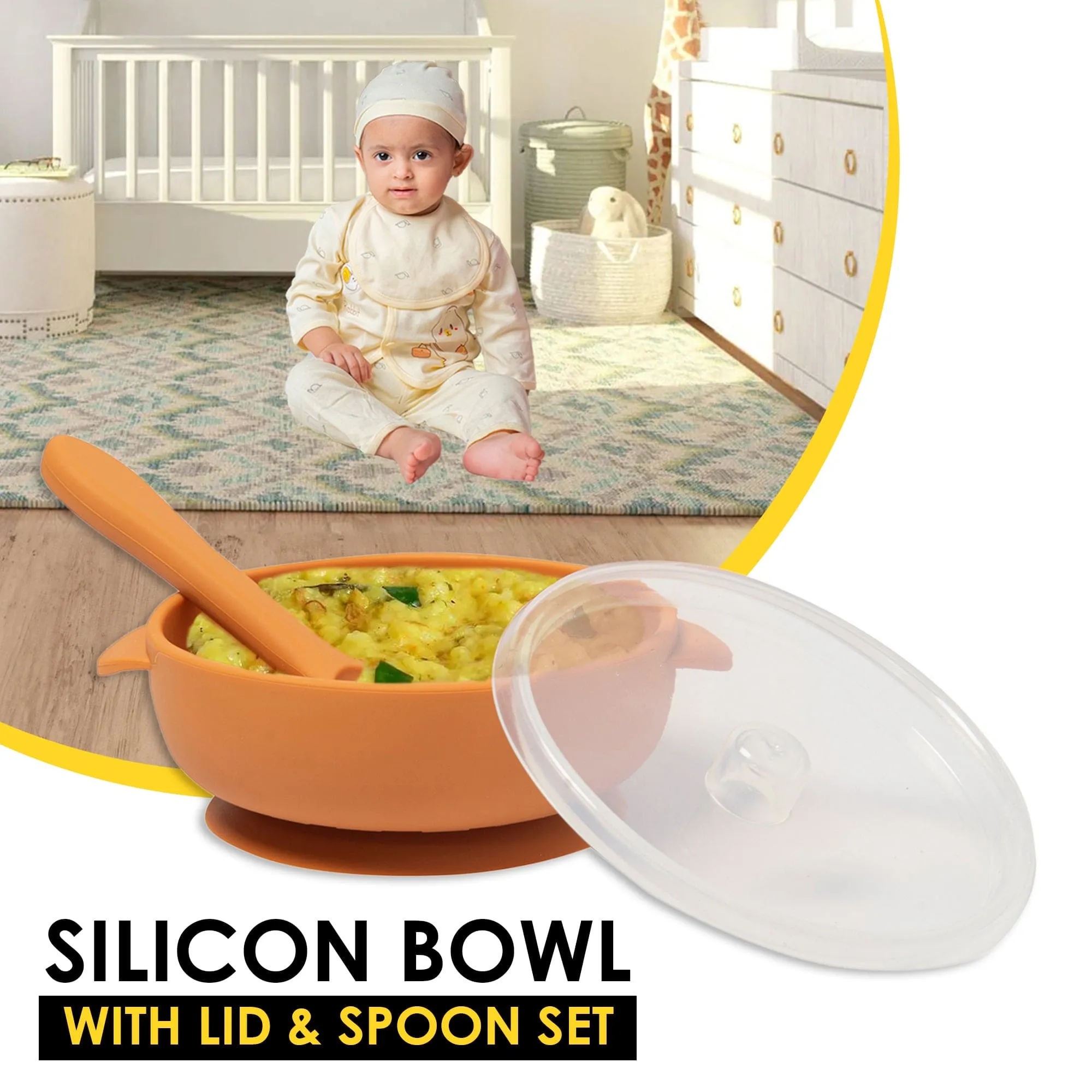 Brown Silicon Bowl With Lid And Spoon Set