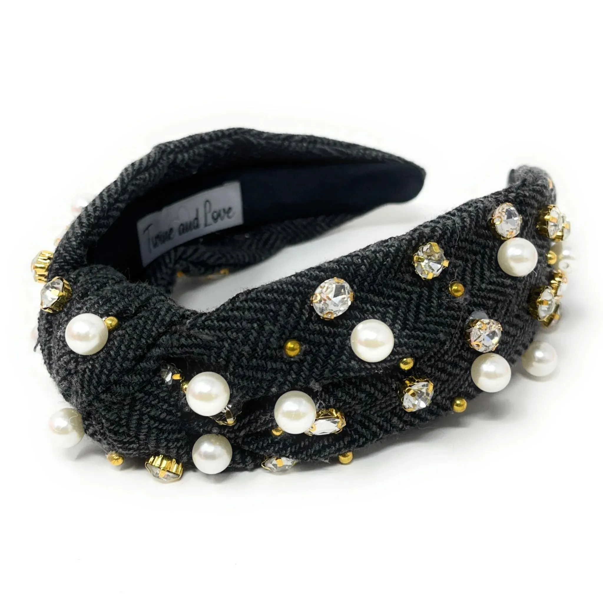 Dark Gray Plaid Knot Jeweled Headband