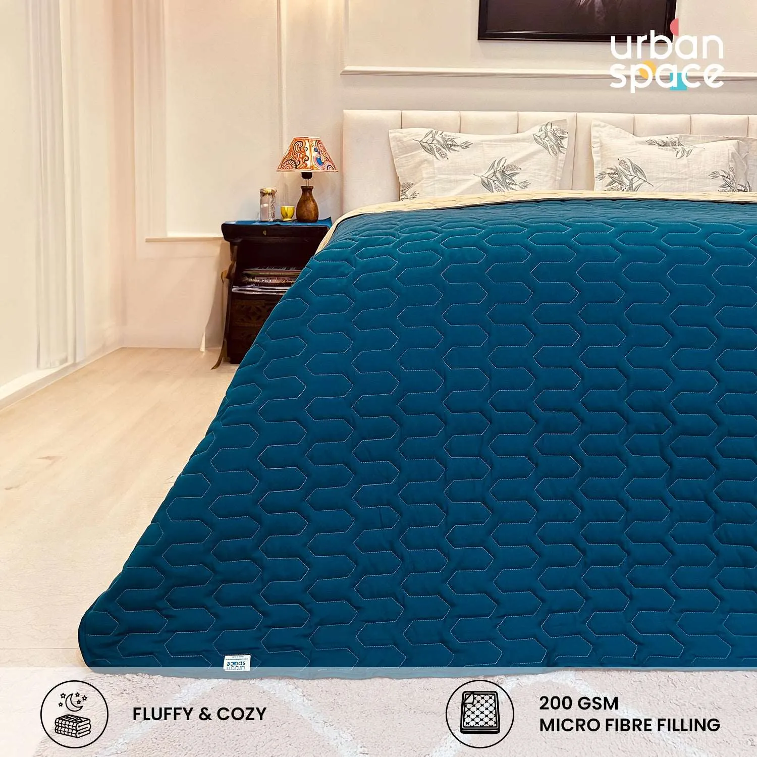 Fluffy & Heavy 200 GSM Microfiber Reversible Quilted Winter Comforters - Teal & Beige