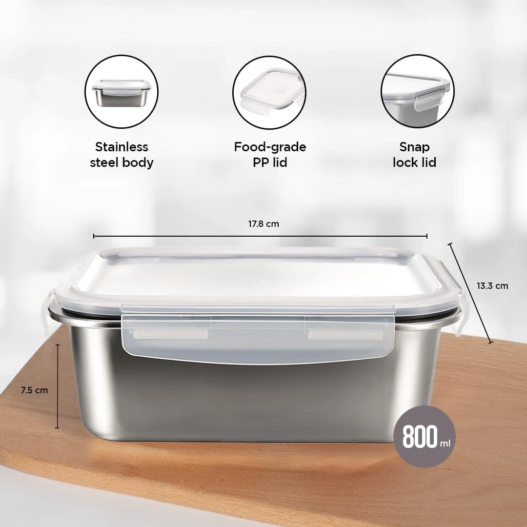 Homestic Stainless Steel Food Container | Leakproof | Snap Lock Lid | Airtight | Lunch Box for Office Men, Women, Kids | Steel Tiffin Box (800ml, Pack of 2)