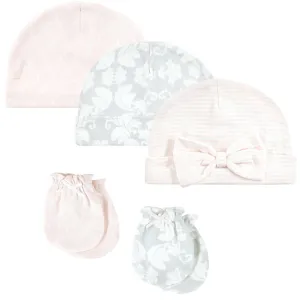 Hudson Baby 5 piece Cotton Cap and Scratch Mitten Set, Damask