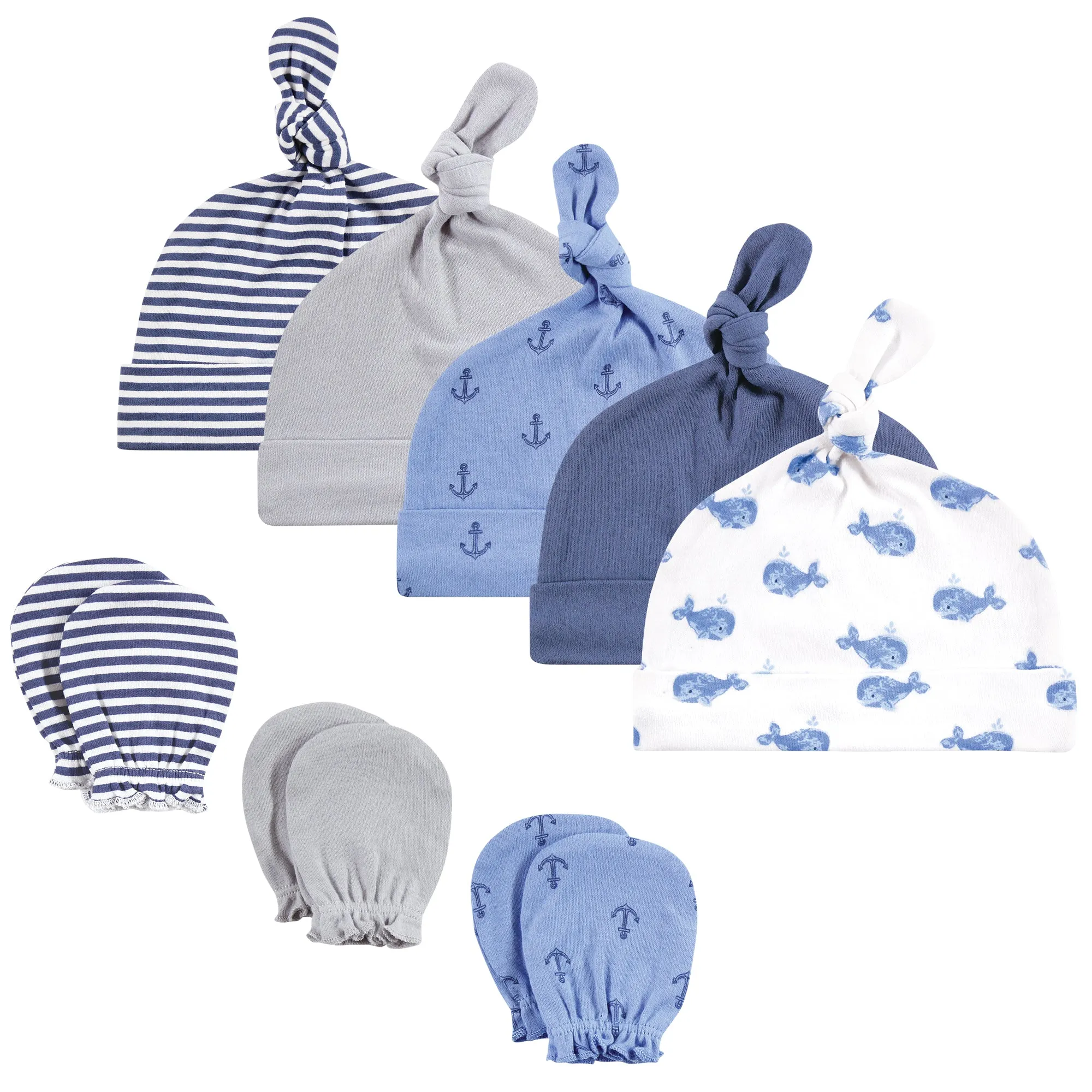 Hudson Baby Cotton Cap and Scratch Mitten Set, Blue Whale