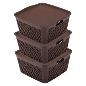 Kuber Industries Netted Design Unbreakable Multipurpose Square Shape Plastic Storage Baskets with lid Medium Pack of 3 (Brown)