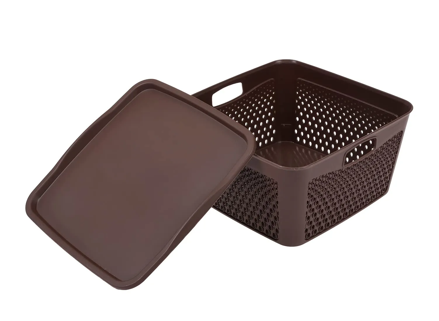 Kuber Industries Netted Design Unbreakable Multipurpose Square Shape Plastic Storage Baskets with lid Medium Pack of 3 (Brown)