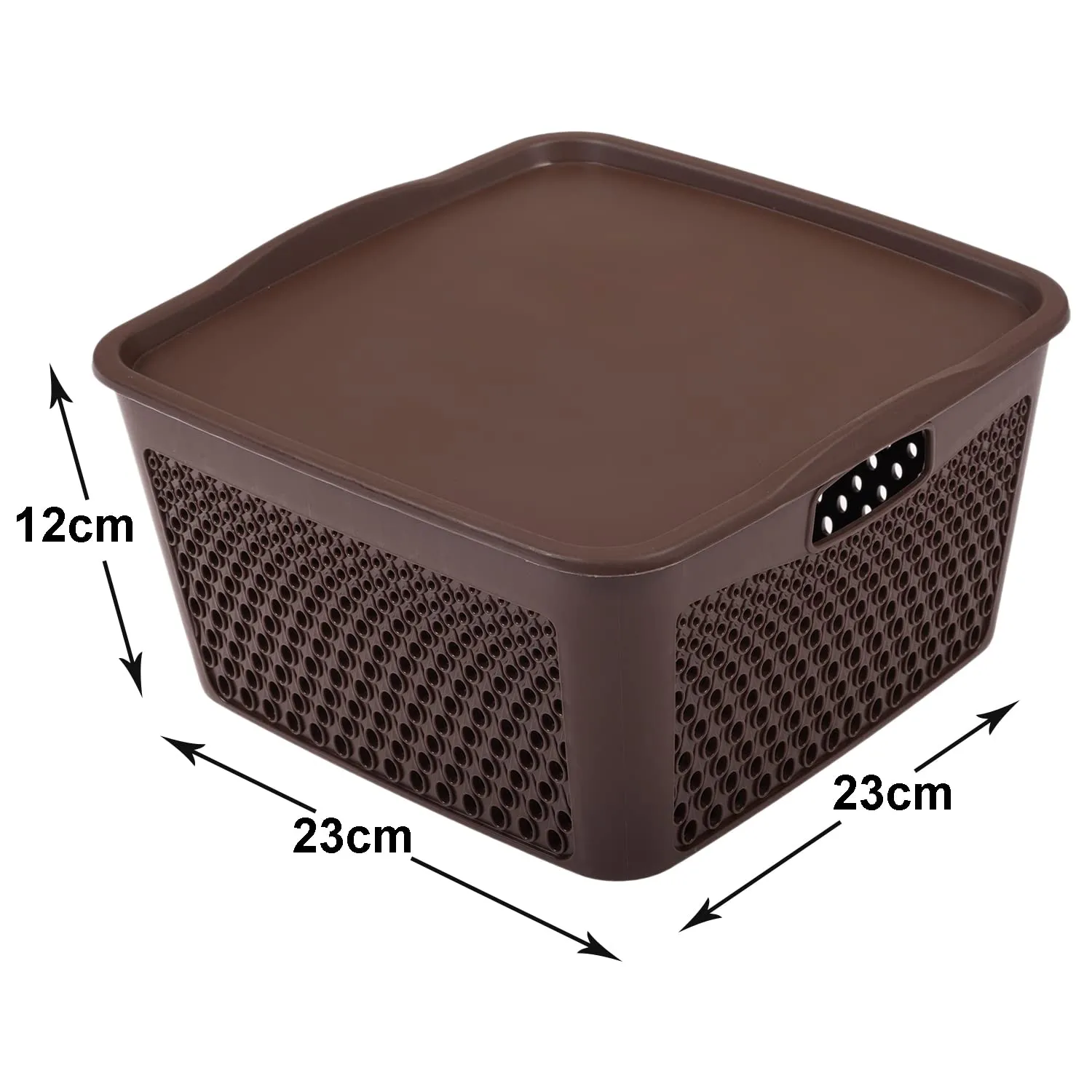 Kuber Industries Netted Design Unbreakable Multipurpose Square Shape Plastic Storage Baskets with lid Medium Pack of 3 (Brown)