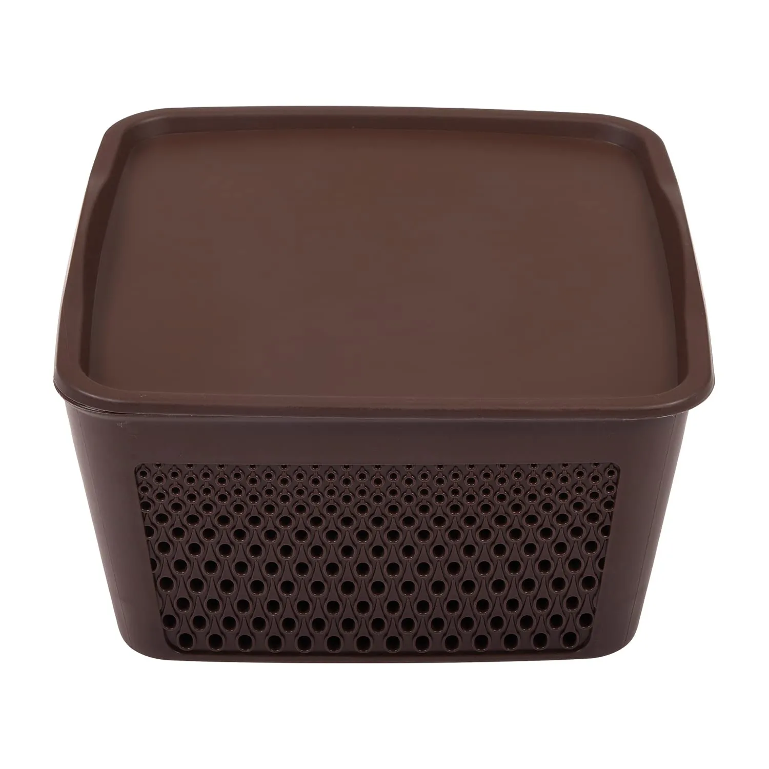 Kuber Industries Netted Design Unbreakable Multipurpose Square Shape Plastic Storage Baskets with lid Medium Pack of 3 (Brown)