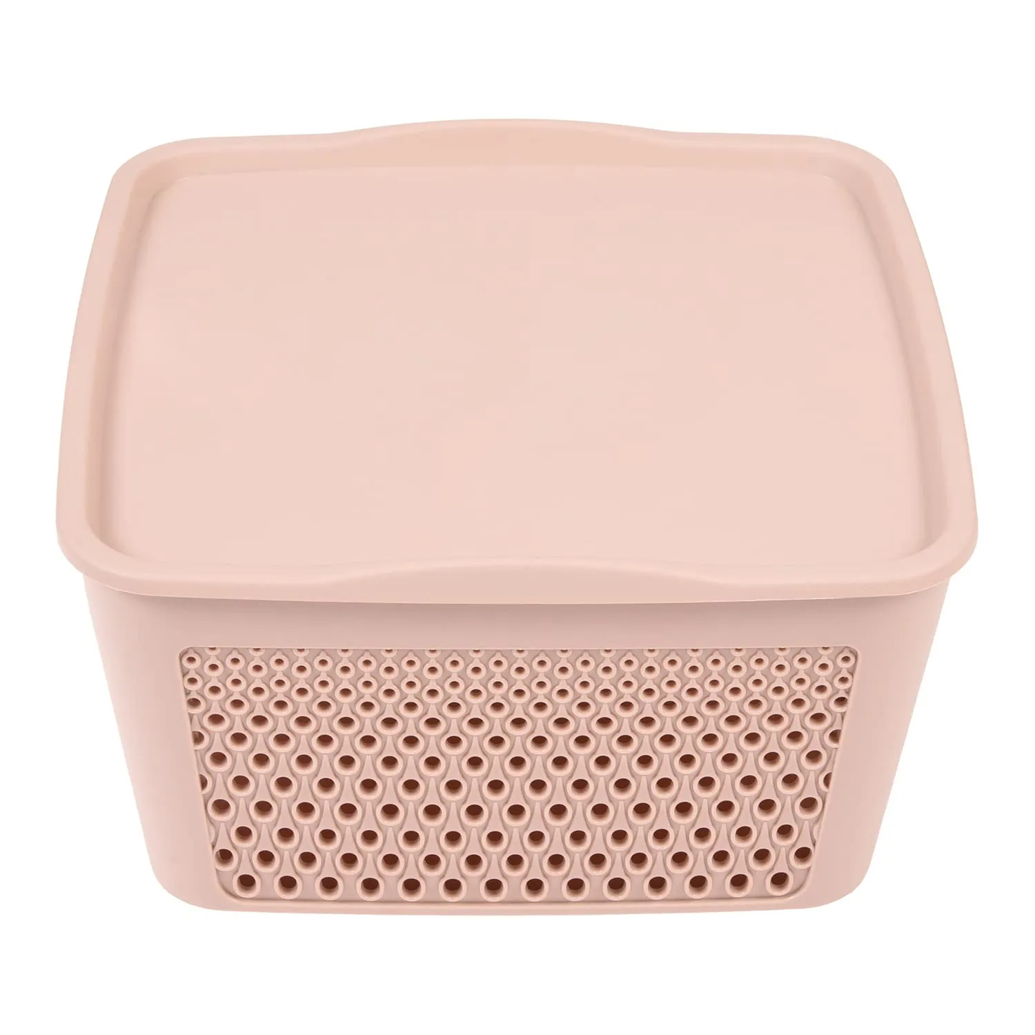 Kuber Industries Netted Design Unbreakable Multipurpose Square Shape Plastic Storage Baskets with lid Small Pack of 2 (Beige)