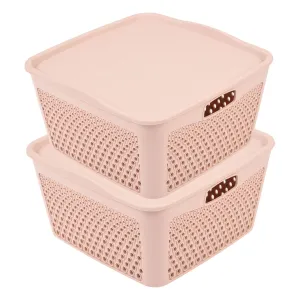 Kuber Industries Netted Design Unbreakable Multipurpose Square Shape Plastic Storage Baskets with lid Small Pack of 2 (Beige)