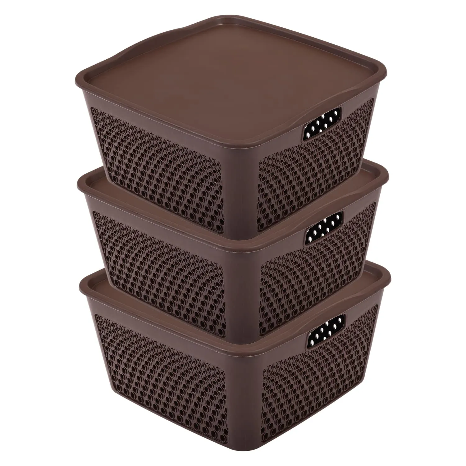 Kuber Industries Netted Design Unbreakable Multipurpose Square Shape Plastic Storage Baskets with lid Small Pack of 3 (Brown)