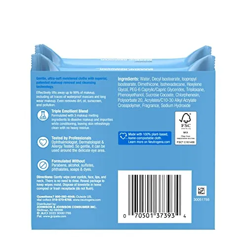 Neutrogena Cleansing Fragrance Free Makeup Remover Face Wipes, Cleansing Facial Towelettes for Waterproof Makeup, Alcohol-Free, Unscented, 100% Plant-Based Fibers, Twin Pack, 2 x 25 ct