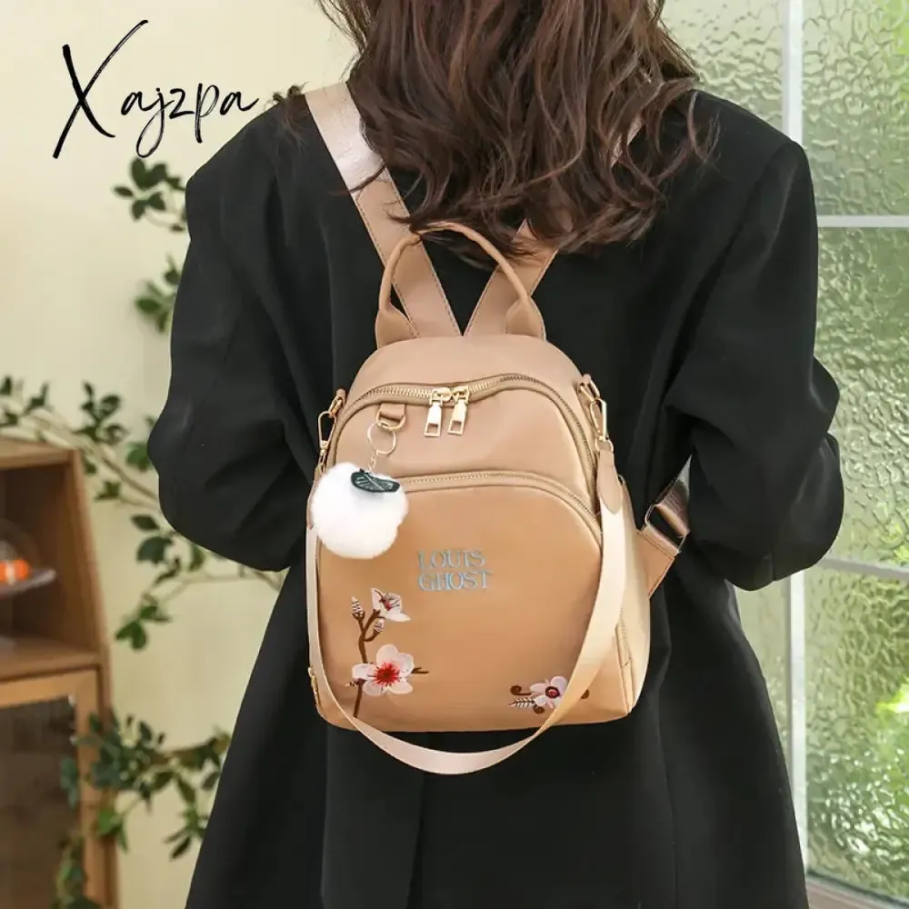 New Trend Embroidery Design Backpacks Light Luxury Anti Splash Nylon Fabric Backpack Large Capacity Multi Functional School Bags