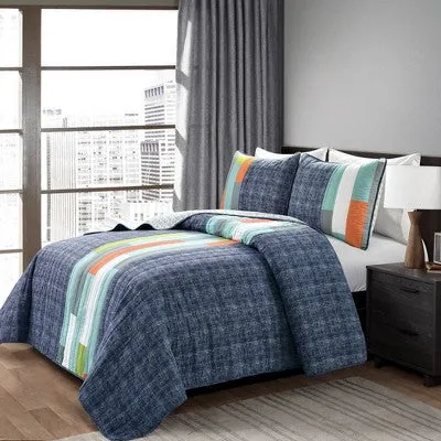 Open Box - 2pc Twin Shelly Stripe Quilt Set Navy/Orange - Lush Décor