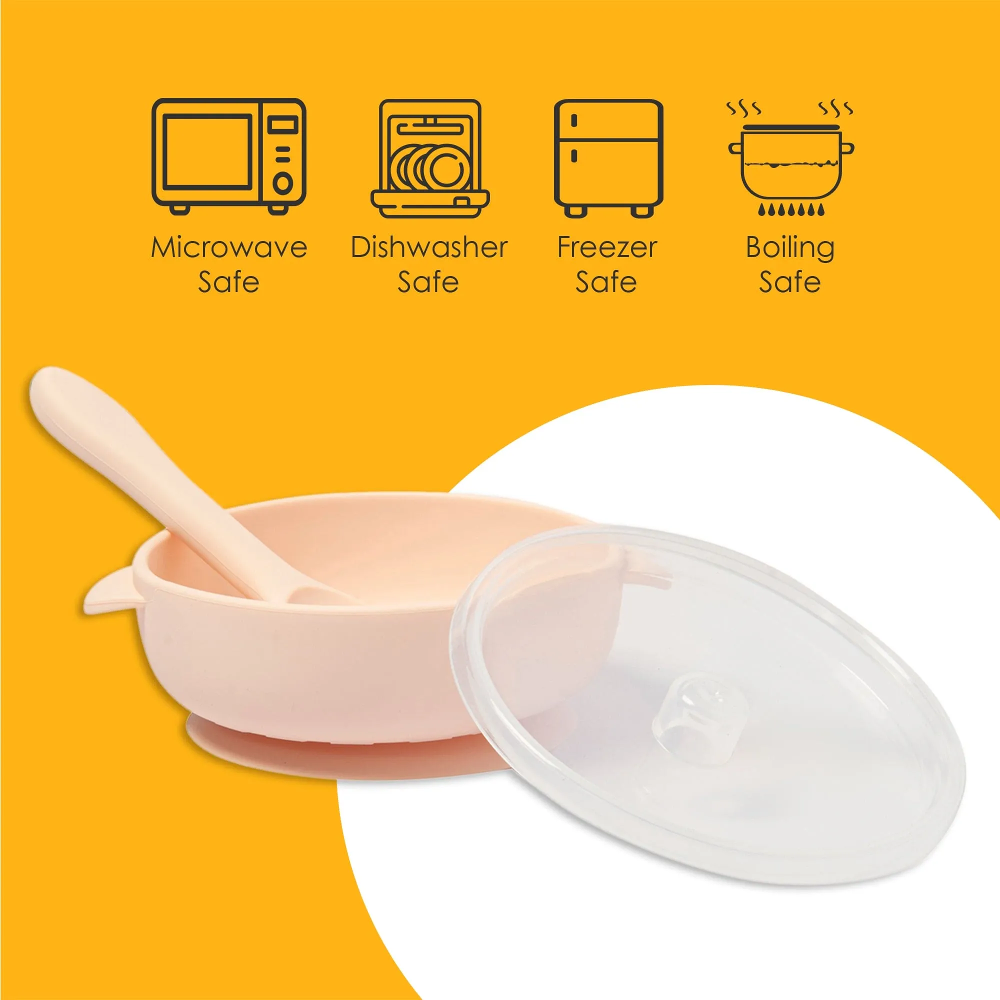 Peach Silicon Bowl With Lid And Spoon Set