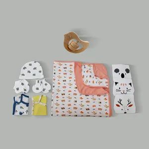 Snuggle Buddies Baby Gift Hamper | Organic Bamboo Cotton | Set of 9 | Free Wooden Rattler