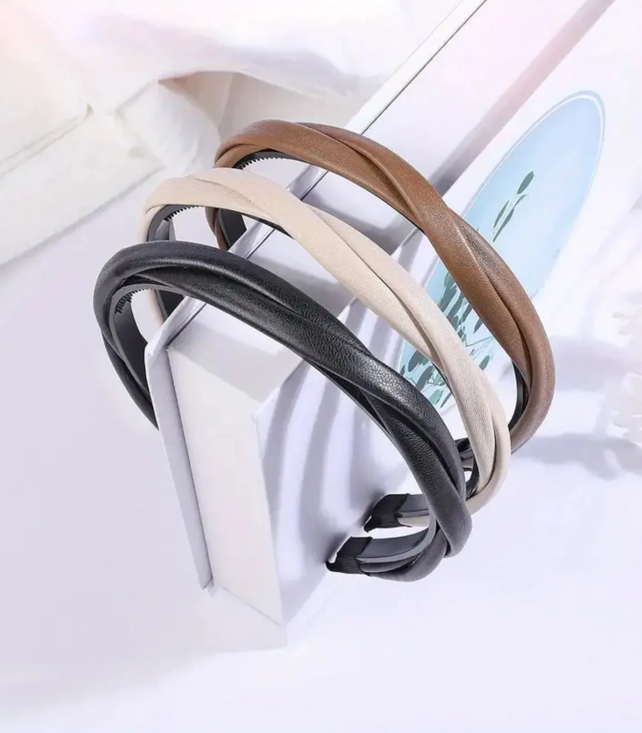 Solid Color PU Leather Braided Headband Coffee Beige Black Twisted Hairband Minimalist Hair Band Hair Accessories