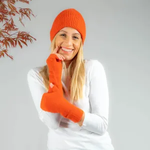 Sunrise Orange Cashmere Beanie and Mittens Set