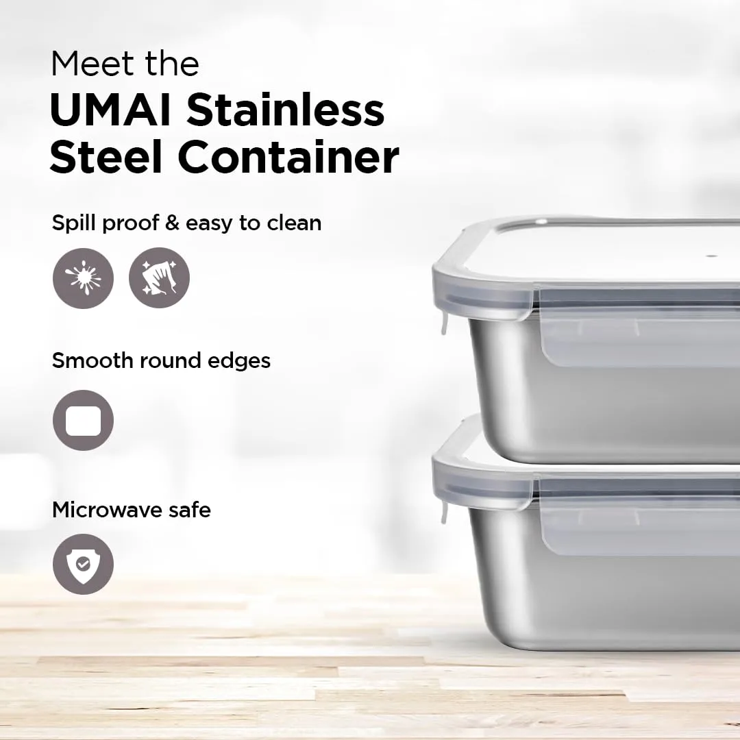 UMAI Stainless Steel Food Container | Leakproof | Snap Lock Lid | Airtight | Lunch Box for Office Men, Women, Kids | Steel Tiffin Box (800ml, Pack of 2)