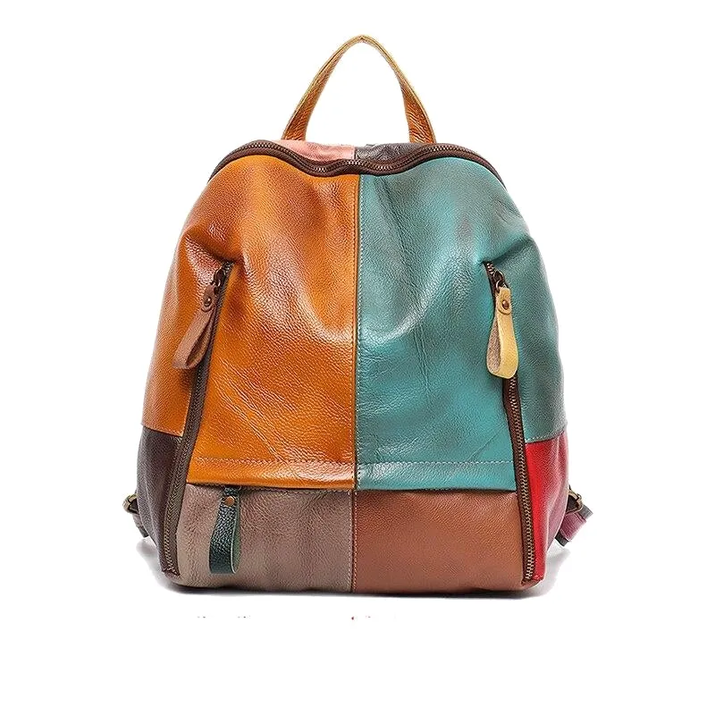 Vintage Functional Women's Patchwork Leather Knapsack For Travel School