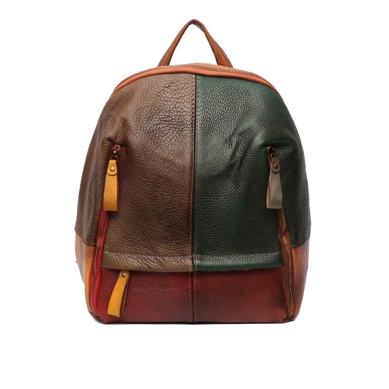 Vintage Functional Women's Patchwork Leather Knapsack For Travel School