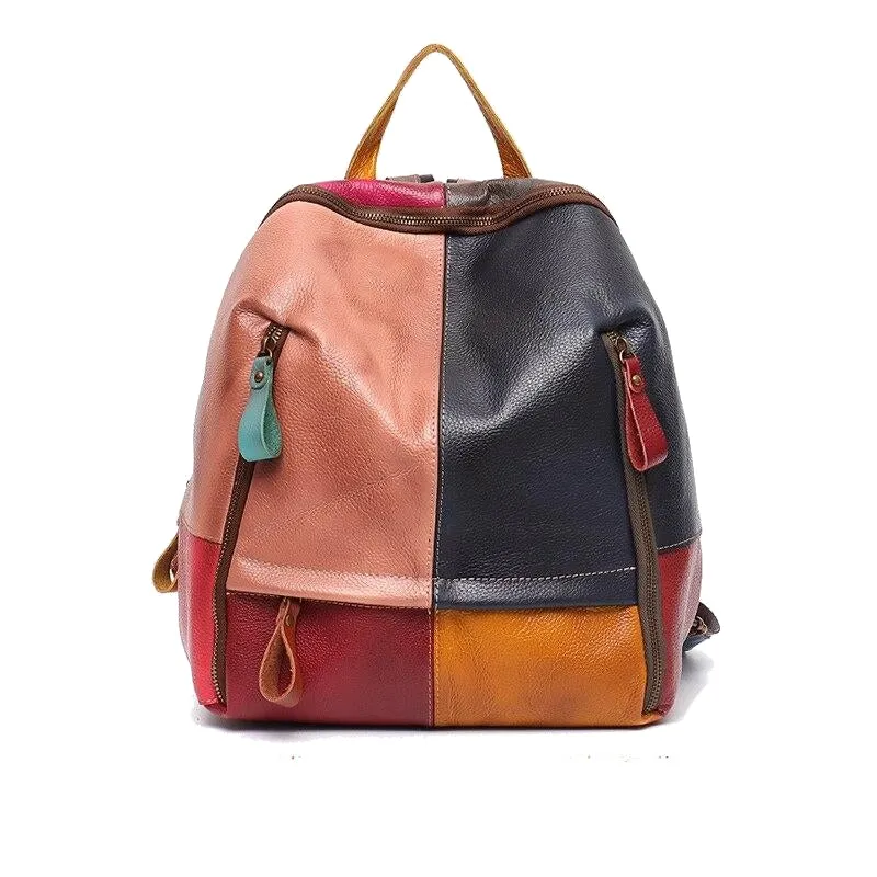 Vintage Functional Women's Patchwork Leather Knapsack For Travel School