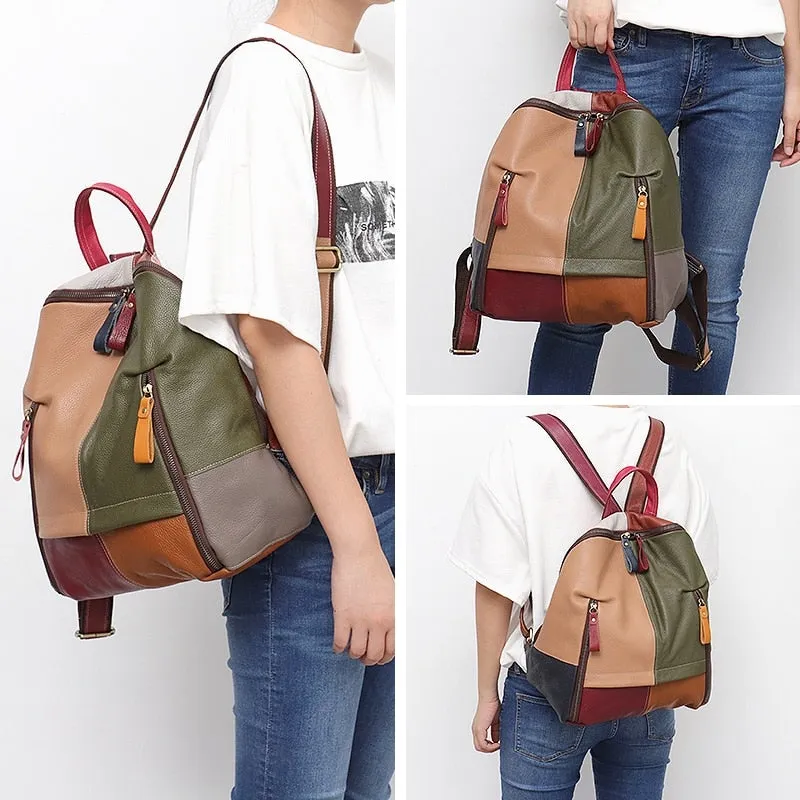 Vintage Functional Women's Patchwork Leather Knapsack For Travel School