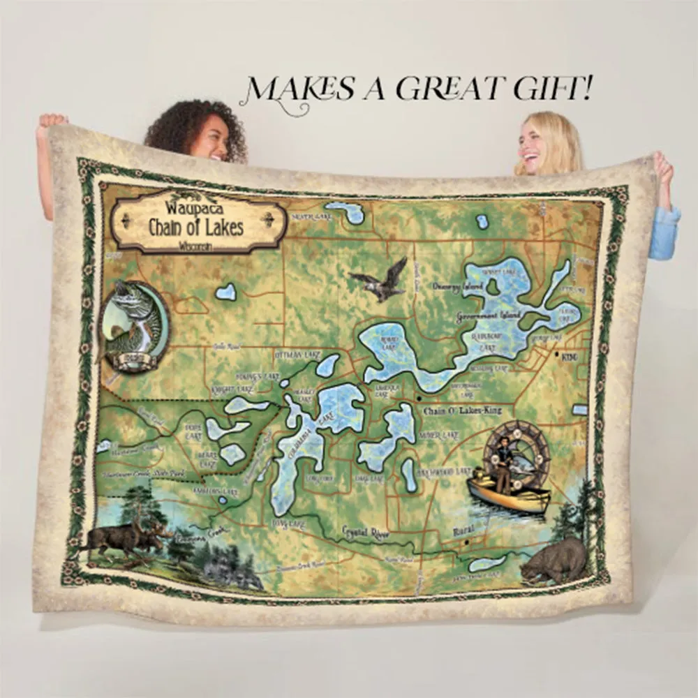 Waupaca Chain of Lakes wisconsin Sherpa Fleece Blanket Double Stitched Edges Cozy Luxury Fluffy Super Soft 430 GSM Polyester Throw Blanket