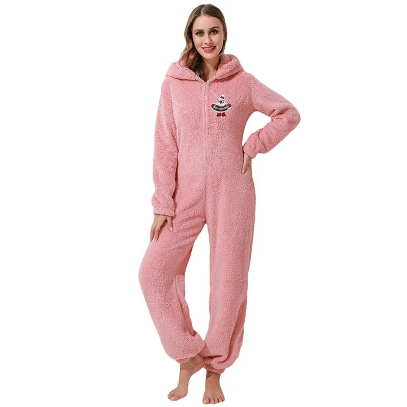 Winter Warm Pyjamas Women Onesies Fluffy Fleece Jumpsuits Sleepwear Overall Hood Sets Pajamas For Women Adult