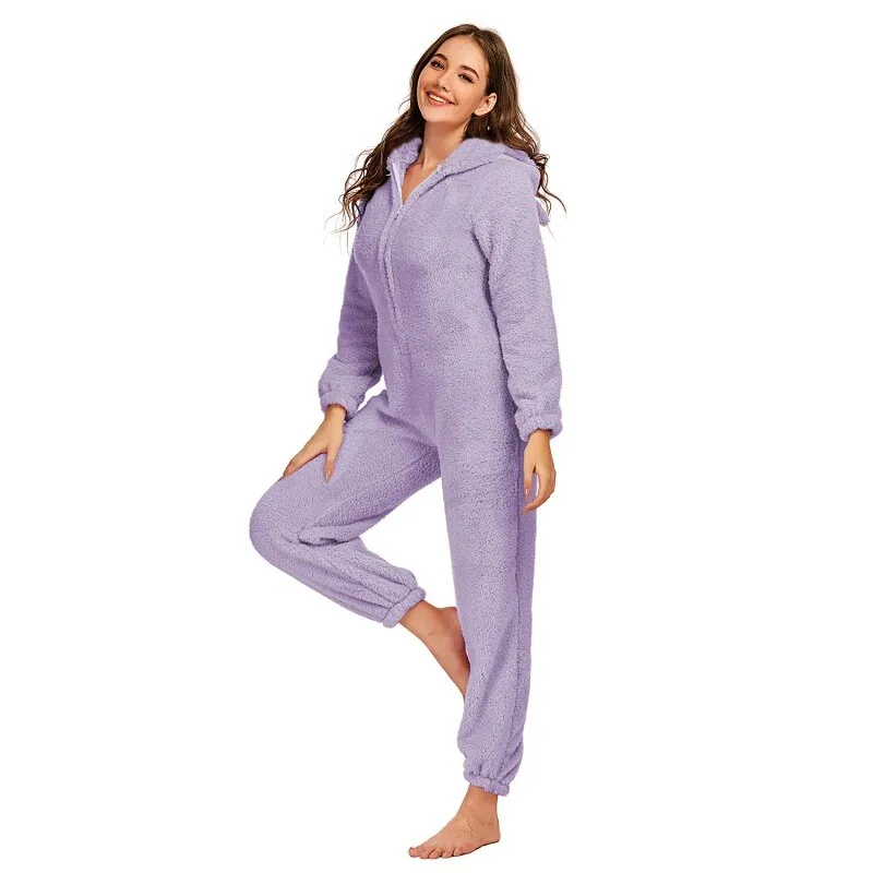 Winter Warm Pyjamas Women Onesies Fluffy Fleece Jumpsuits Sleepwear Overall Hood Sets Pajamas For Women Adult